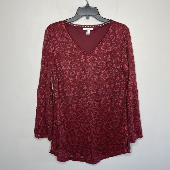 ISAAC MIZRAHI LIVE Tunic Top Womens Small Red Lace Top Lined Bell Sleeve V-Neck - Picture 1 of 9